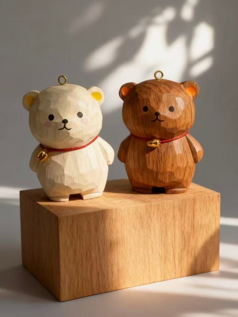 Gem-Cut Wooden Bear Pair – Light & Dark Artisan Carved Figurines